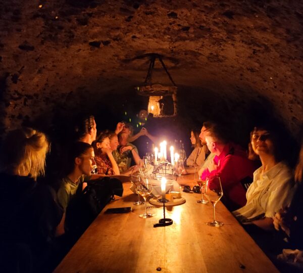 A group of young people are tasting Tokaj wines in Mala Trna, Slovakia.